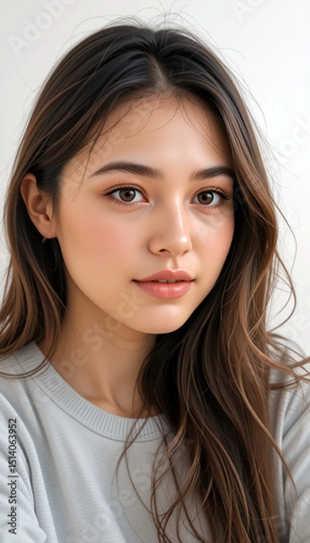 Fototapeta vertical closeup photo of cute woman's face looking at the camera with macro details and smooth skin texture in white background  