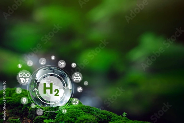 Fototapeta Crystal globe with Clean hydrogen energy concept and H2 for Sustainable Environment. eco-friendly industry and Climate.alternative energy in future for net-zero and Reducing greenhouse gas emissions