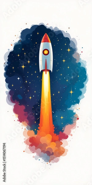 Fototapeta vertical illustration of rocket launch with cute simple cartoon rocket in night sky and white border with copy space 