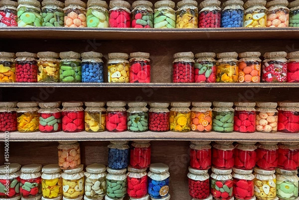 Fototapeta Small glass jars with decorative assorted sweets, in the form of canned fruits and vegetables