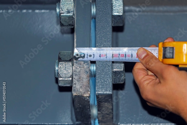 Obraz Distortion after welding for steel structure. Distortion in a weld results from the expansion and contraction of weld metal and adjacent base metal during heating and cooling cycle of welding process.