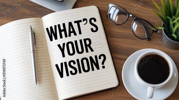 Obraz An open notebook with the question what's your vision on a wooden desk top