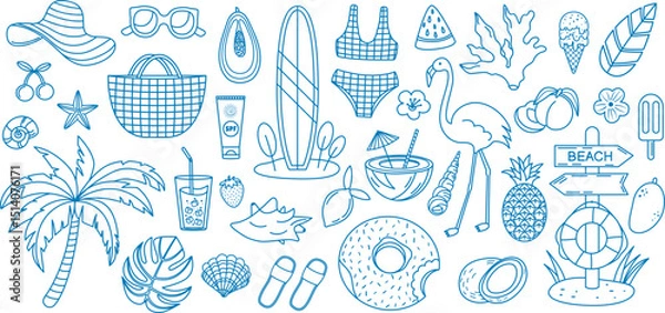 Fototapeta Mediterranean Summer vacation beach elements doodle blue line art vector illustration set