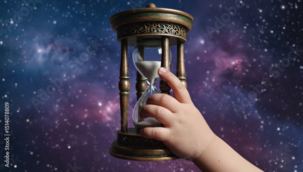 Obraz Hand of a child holding an antique hourglass against a cosmic background filled with stars and nebulae, symbolizing the passage of time and the universe's mysteries
