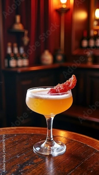 Fototapeta Classic cocktail in dimly lit bar setting with citrus garnish on wooden table