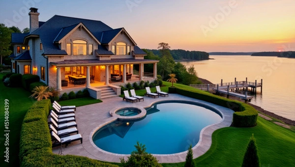 Fototapeta Luxurious lakefront villa with pool and dock during sunset reflecting serene surroundings and vibrant sky colors