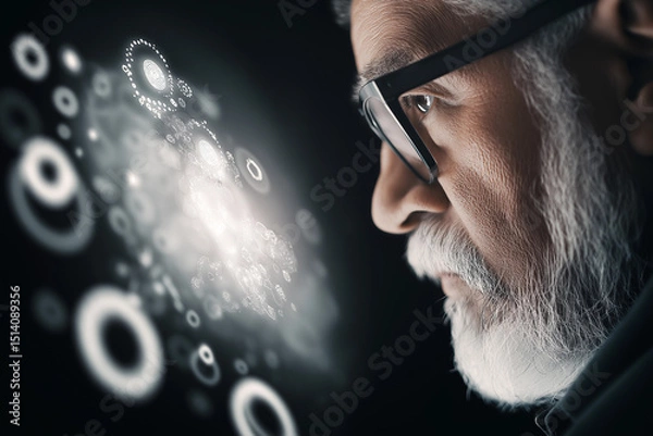 Fototapeta Close-up of an older man gazing at abstract digital shapes against a dark background.