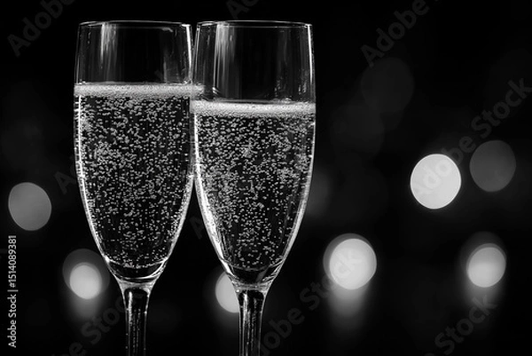 Fototapeta Two glasses of champagne with sparkling bubbles, captured in a black and white image.