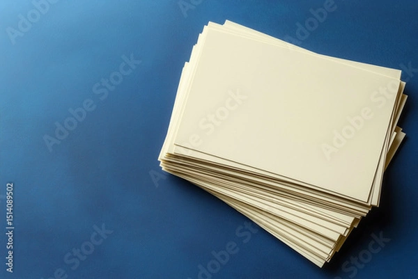 Fototapeta A stack of clean, cream-colored paper sheets, arranged on a vibrant blue surface, from above.