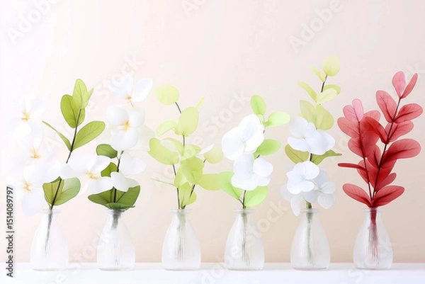 Fototapeta An artistic display of assorted artificial flowers arranged in clear, decorative vases.