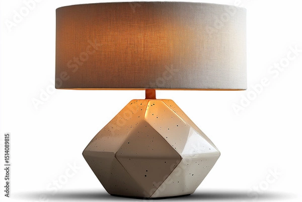 Fototapeta A unique geometric table lamp with a neutral linen shade, isolated on white.