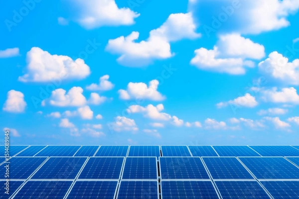 Fototapeta A panoramic view of solar panels under a clear blue sky with soft, white clouds.