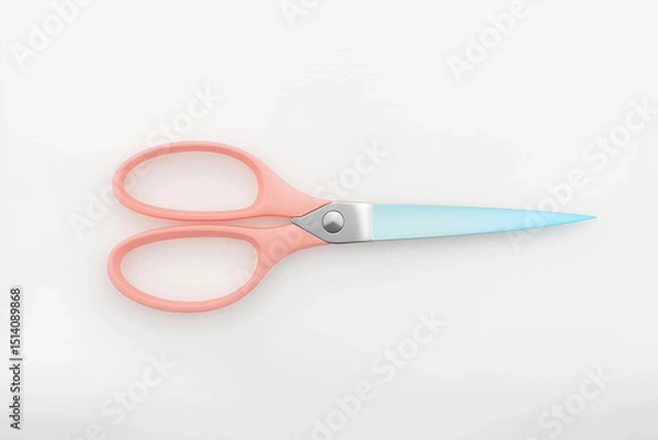 Fototapeta A pair of pink scissors with light blue blades on a simple, clean white surface.