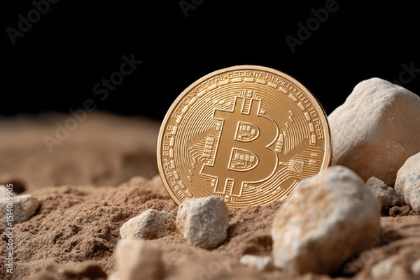 Fototapeta A gold bitcoin coin resting on sand with rocks, representing digital finance and money.