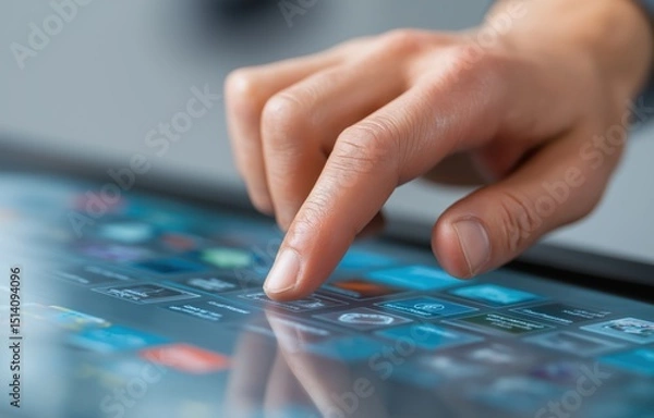 Obraz Innovative touch screen design concept demonstrating fingertip interaction with a transparent digital panel for seamless creative control