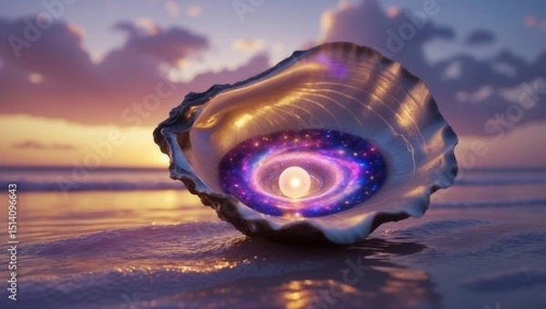 Fototapeta Open seashell with glowing pearl and galaxy-like interior on a beach at sunset