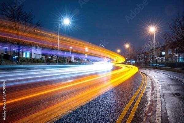Fototapeta Motion blur from car taillights and headlights on a city road at night. Urban street with light trails showing transportation speed and movement.