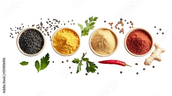 Fototapeta Assortment of spices in bowls with herbs and chili pepper on white  