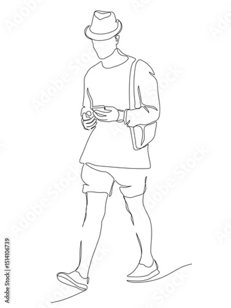 Fototapeta Man in hat using phone and walking. Continuous line drawing. Black and white vector illustration in line art style.