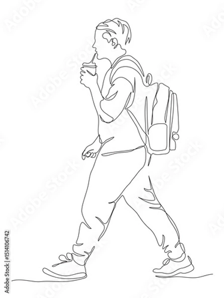 Fototapeta Man with backpack walking and drinking on the go. Side view. Continuous line drawing. Black and white vector illustration in line art style.