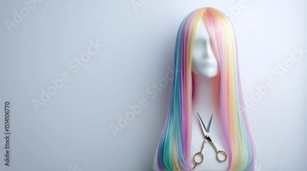 Fototapeta ユニコーンカラーのウィッグとヘアカット用のハサミ