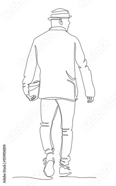 Fototapeta Man in hat looking right and walking away. Continuous line drawing. Black and white vector illustration in line art style.