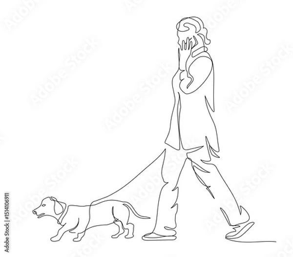 Fototapeta Woman with dog dachshund walking. Side view. Continuous line drawing. Black and white vector illustration in line art style.