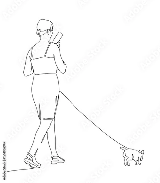 Fototapeta Woman with small dog walking and talking on the phone. Back view.  Continuous line drawing. Black and white vector illustration in line art style.