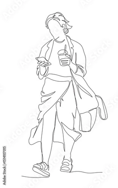 Fototapeta Woman using phone holding drink walking. Continuous line drawing. Black and white vector illustration in line art style.