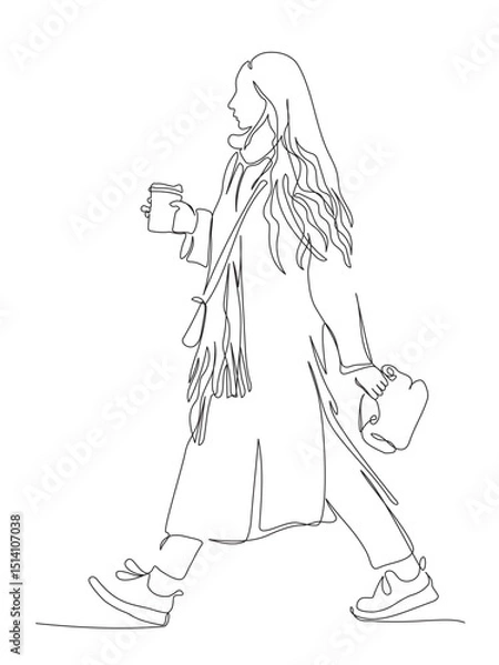 Fototapeta Woman holding drink and package with snack walking. Wear coat and scarf. Side view. Continuous line drawing. Black and white vector illustration in line art style.