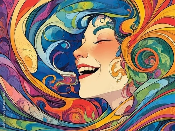 Obraz Happy female face surrounded by abstract multicolored stains, happiness and harmony