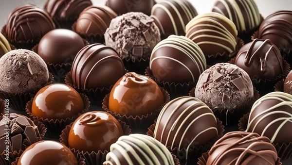 Obraz Chocolate candies in the form of balls, appetizing background, mocha mousse food trend