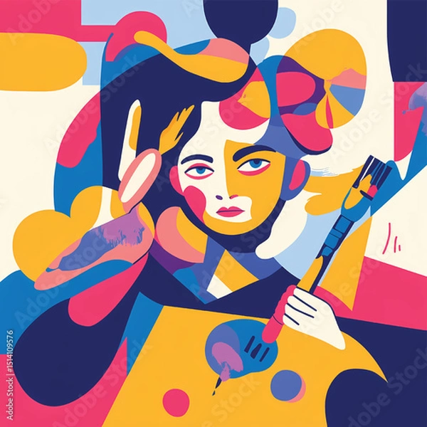 Fototapeta Abstract Portrait Woman with Guitar in Vibrant Color Blocks