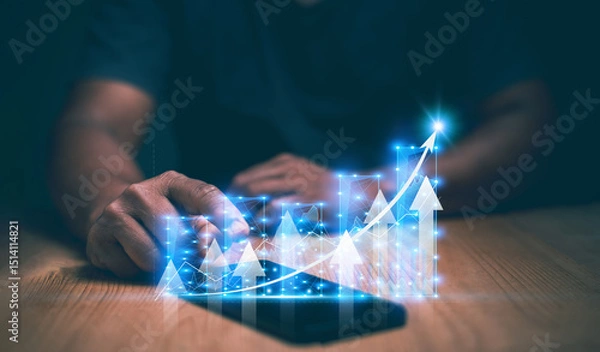 Fototapeta Business analytics and financial concept, Businessman using smartphone to analyze graph for investment, corporate future growth plan, Digital marketing, business planning and strategy.
