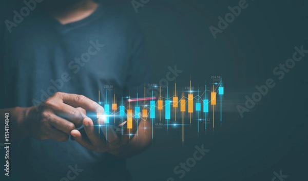Fototapeta Businessman trader investor analyst using smartphone analytics for financial market analysis, Online stock trading and algorithmic concept with digital financial candlestick, Invest in trading..