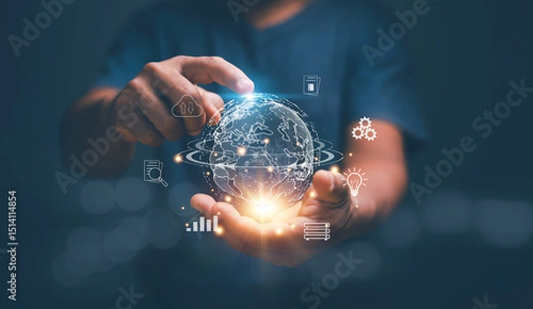 Fototapeta Business global data internet connection technology and digital marketing, Businessman holding virtual global with computer network application icon, Digital link tech, big data, Internet of Things.