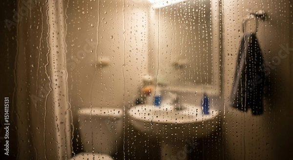 Fototapeta In a bathroom, condensation covers the mirror while drops of water trickle down. A white toilet and sink are visible, along with a towel hanging nearby, suggesting recent use.