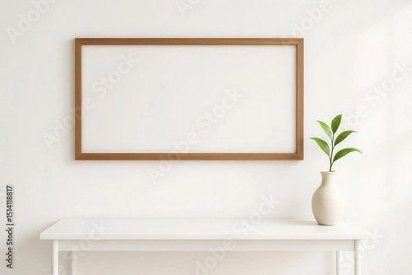 Fototapeta Minimalist interior scene featuring an empty horizontal wooden frame mockup elegantly placed on a clean white wall above a simple console table with a stylish ceramic vase holding a single green plant