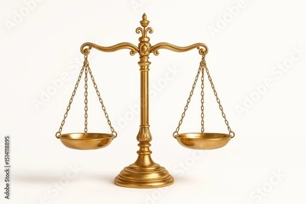 Fototapeta Ornate antique gold or brass balance scale with empty pans perfectly balanced and isolated on a clean white background symbolizing justice law or precision measurement