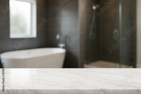 Fototapeta Pristine white marble tabletop in a luxurious, brightly lit bathroom, perfect for displaying high-end beauty products, with a softly blurred modern interior background.