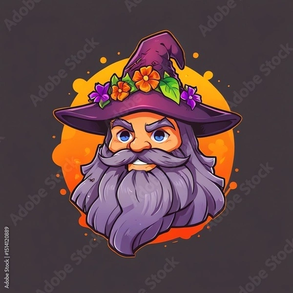 Fototapeta Floral Wizard's Portrait: A whimsical illustration of a magical being with a flower-adorned hat, purple beard, and intense gaze.