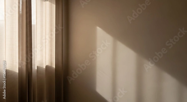 Fototapeta Sunlight filters through sheer curtains, casting gentle shadows on a warm wall. The soft ambiance creates a peaceful and inviting atmosphere in this relaxing space.