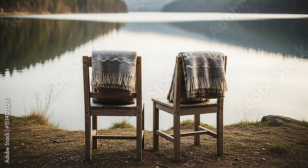 Fototapeta Two wooden chairs with cozy blankets are positioned by a tranquil lake, reflecting the soft glow of twilight. The peaceful setting invites relaxation and contemplation in nature.