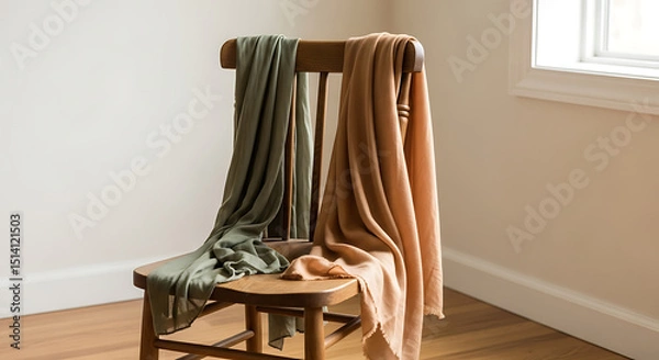 Fototapeta Two beautiful scarves, one olive green and one warm brown, hang gracefully over a wooden chair in a softly lit room, creating a cozy and inviting atmosphere.