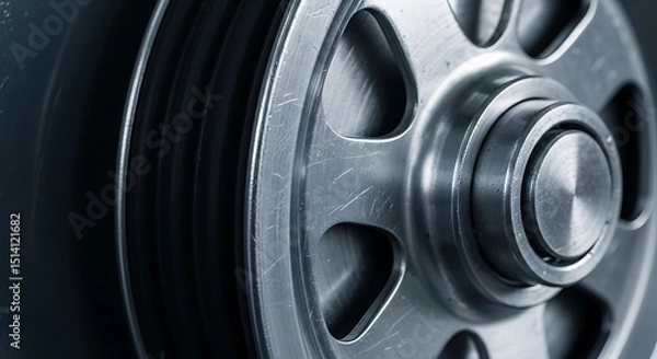 Fototapeta A close-up view of a polished metal wheel highlights its smooth surface and unique design. The wheel is positioned against a contrasting background, emphasizing its craftsmanship.