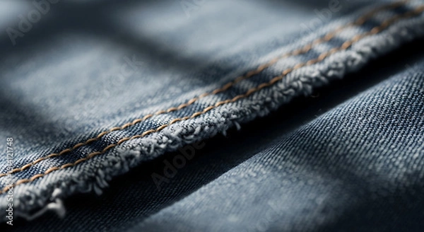 Fototapeta The image features a close-up view of denim fabric, highlighting the texture and intricate stitching. The light falls softly, emphasizing the rugged yet stylish quality of the material.