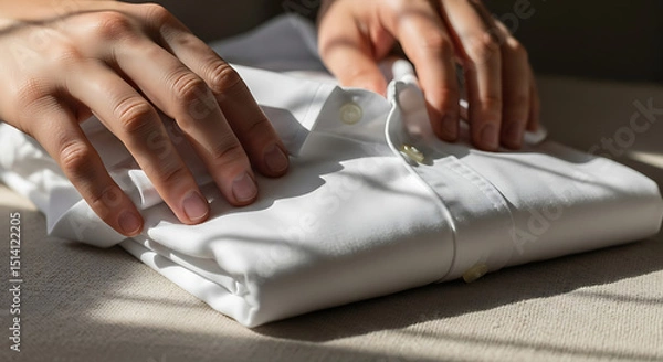 Fototapeta Hands carefully fold a clean white dress shirt on a soft surface. The warm sunlight casts delicate shadows, highlighting the texture of the fabric and the calm atmosphere of the moment.