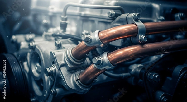 Fototapeta Inside a mechanical workshop, intricate copper pipes connect various engine components. Tools and machinery are visible, hinting at ongoing automotive repairs and maintenance.