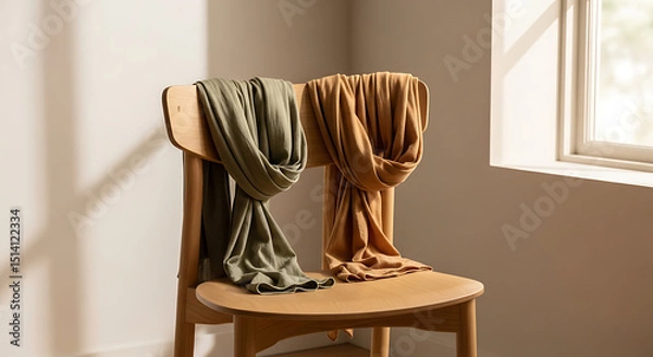 Fototapeta Two elegant scarves in warm colors rest on a wooden chair in a softly lit room. The sunlight casts gentle shadows, enhancing the cozy atmosphere.
