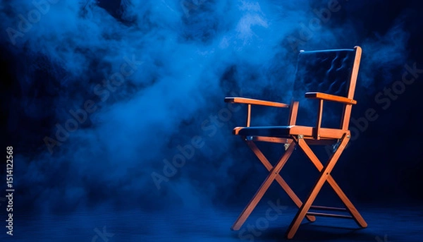 Obraz One empty director's chair on dark blue background with smoke